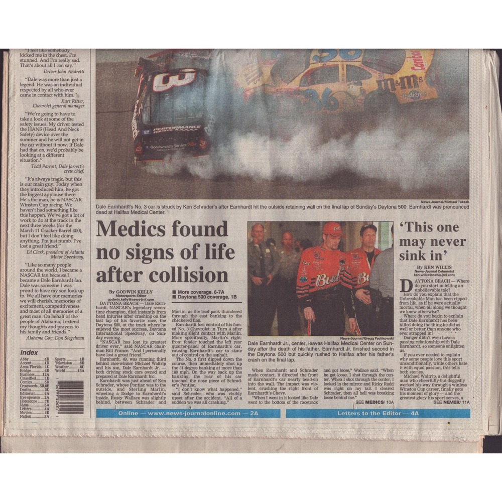 Dale Earnhardt Black Sunday News-Journal February 19 2001 Daytona 500 Newspaper - Picture 2 of 2